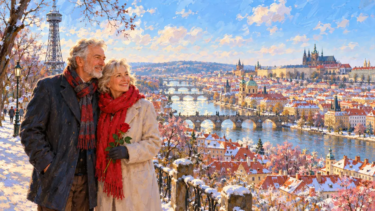 Výhled z Petřína na zasněženou Prahu a Vltavu