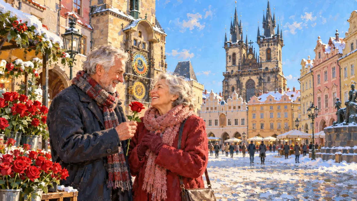 Starší pár s růží na Staroměstském náměstí u orloje a Týnského chrámu