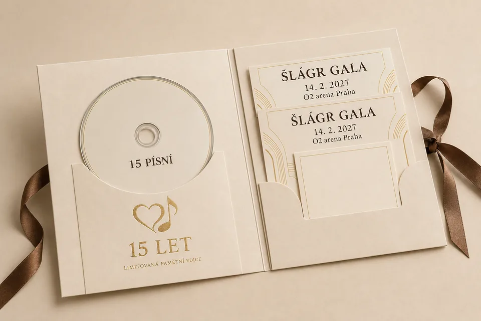 Aufklappbare Geschenkbox mit limitierter CD zum 15-jährigen Jubiläum von Šlágr und Tickets für das Galakonzert