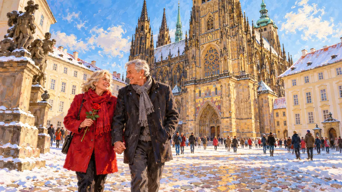 Starší pár na nádvoří Pražského hradu před katedrálou svatého Víta