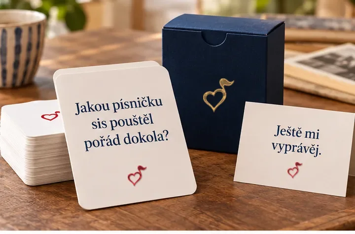 Karty k povídání se srdcem Šlágru a otázkou Jakou písničku sis pouštěl pořád dokola