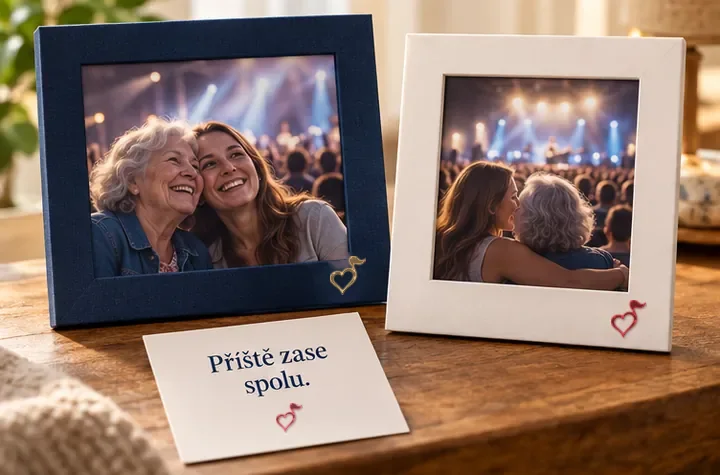 Tmavě modrý a bílý rámeček se srdcem Šlágru a kartičkou Příště zase spolu